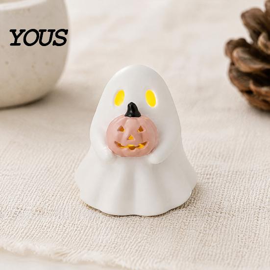 Non Scary Halloween Decoration Ghost Decoration, Light Up Cute Spooky Figurine with Small Desktop Ornament Pumpkin/Lantern for Table Tiered