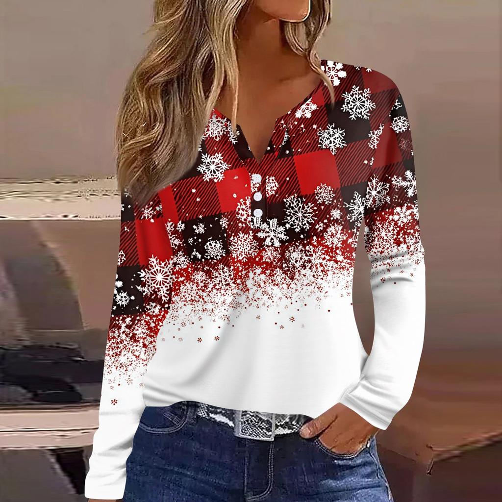 Women's T Shirt Tee Christmas Printed Button Long Sleeve Tunic Daily Weekend Fashion Basic V- Neck Regular Top