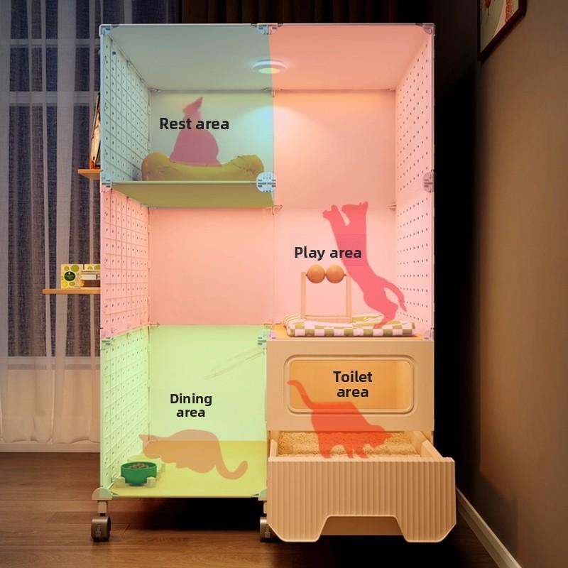 Compact Cat Cage with Toilet All-in-One Indoor Cat House for Small Spaces Space-Saving Kitty Mansion DIY Cave Plate Cats Villa