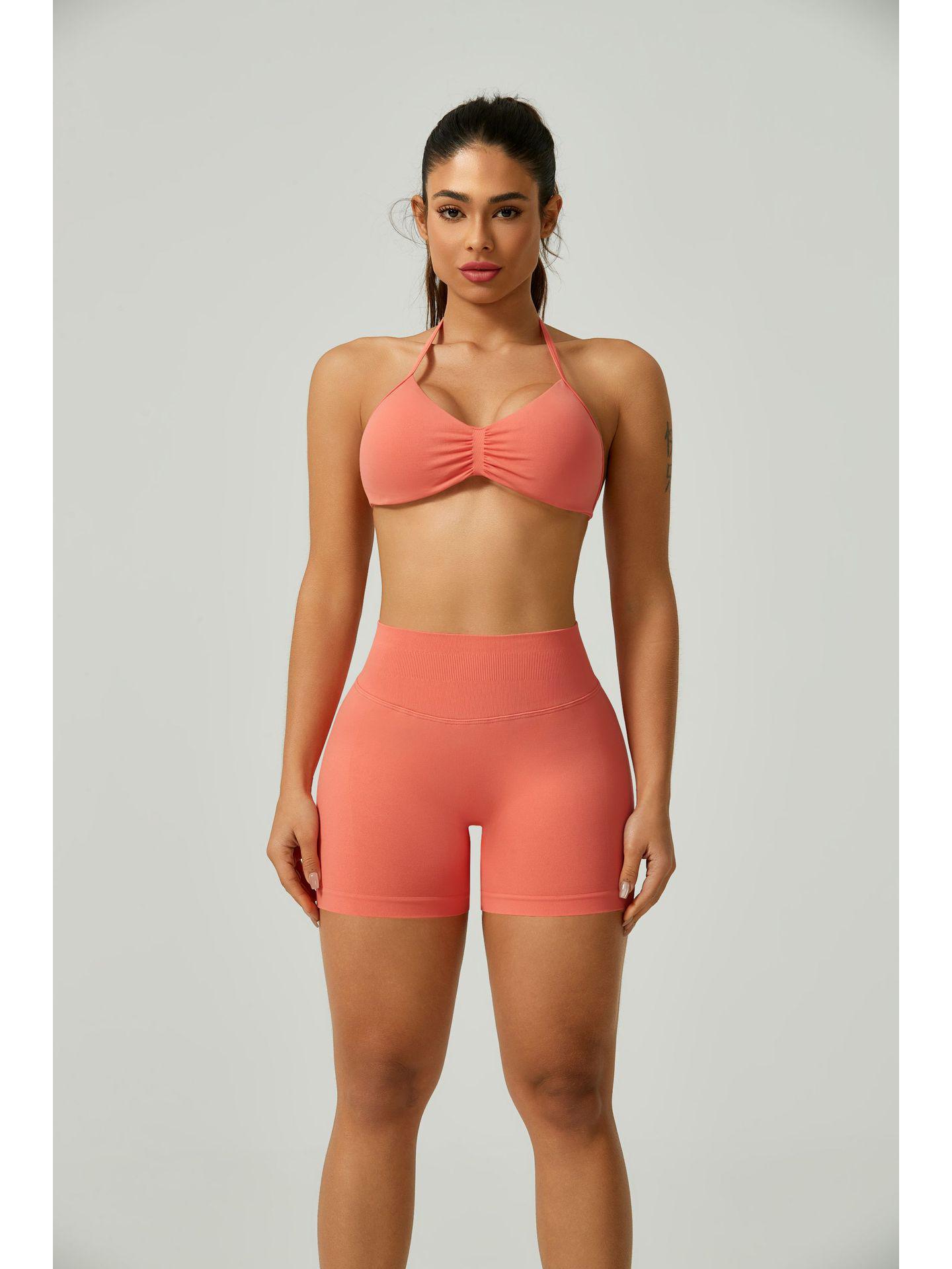 Европейский бесшовный спортивный бюстгальтер с halter-вырезом: Сексуальный, Высокая эластичность, Матовое покрытие, Красивый дизайн спины Large персиковый