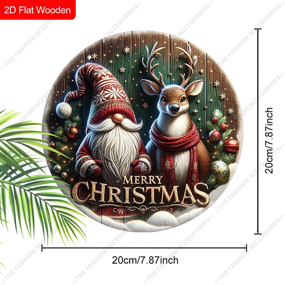 Christmas Gnome and Reindeer Merry Christmas Round Wooden Hanging Sign, 2D Flat Printed Embossed Christmas Door Wall Ornament, Xmas Home Decor Gift