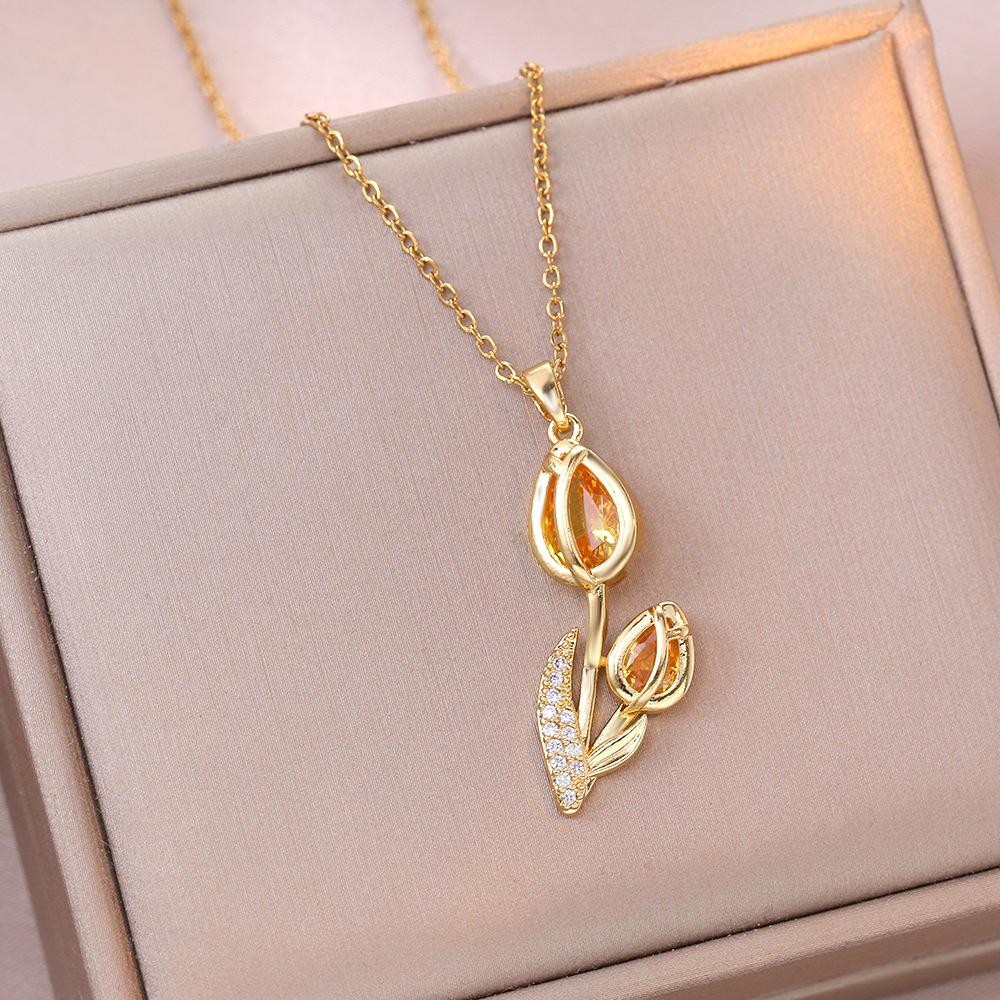 Elegant Enamel Tulip Flower Pendant Necklace for Women Girl Green Leaf Necklace Choker Party Jewelry Gift