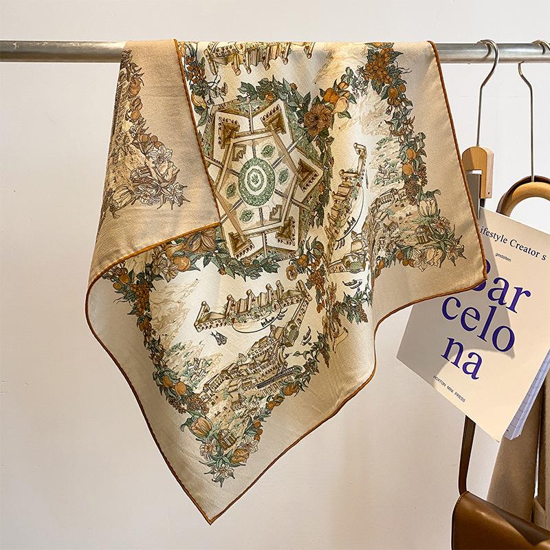 Spring, autumn and winter new high-end silk scarf women's fashion temperament printed shawl double-sided silk scarf