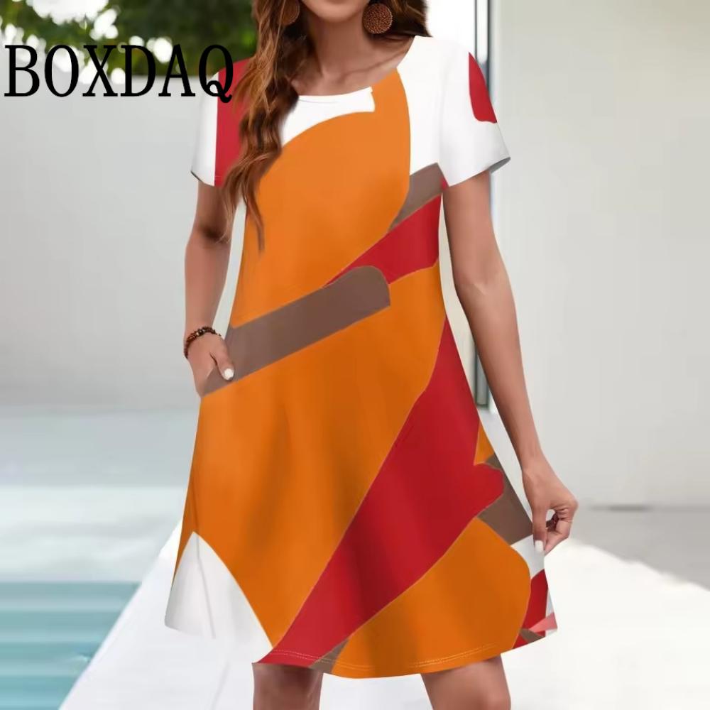 Women's Casual Floral Print Summer Bohemian Beach Dress Loose Short-sleeved Ladies Dress