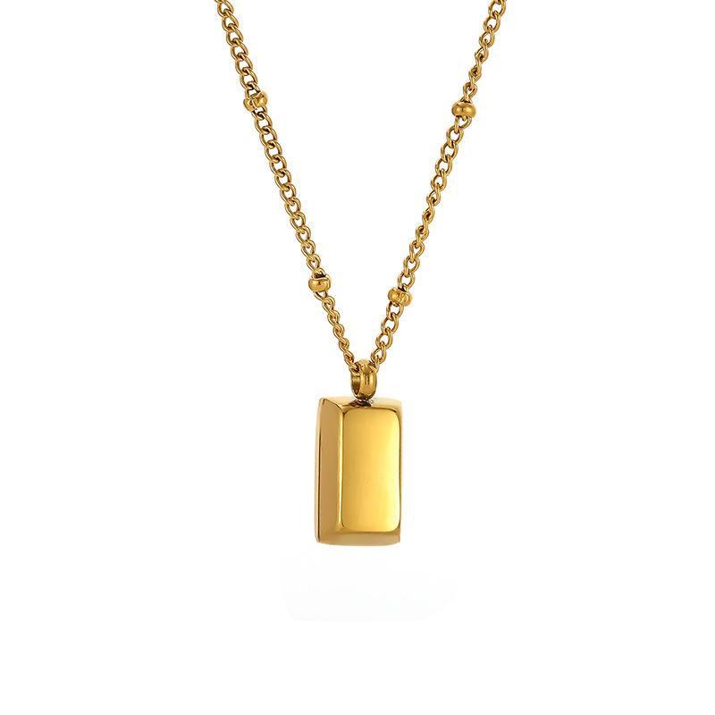 Geometric Gold Beaded Titanium Steel Clavicle Necklace with Square Pendant for Women