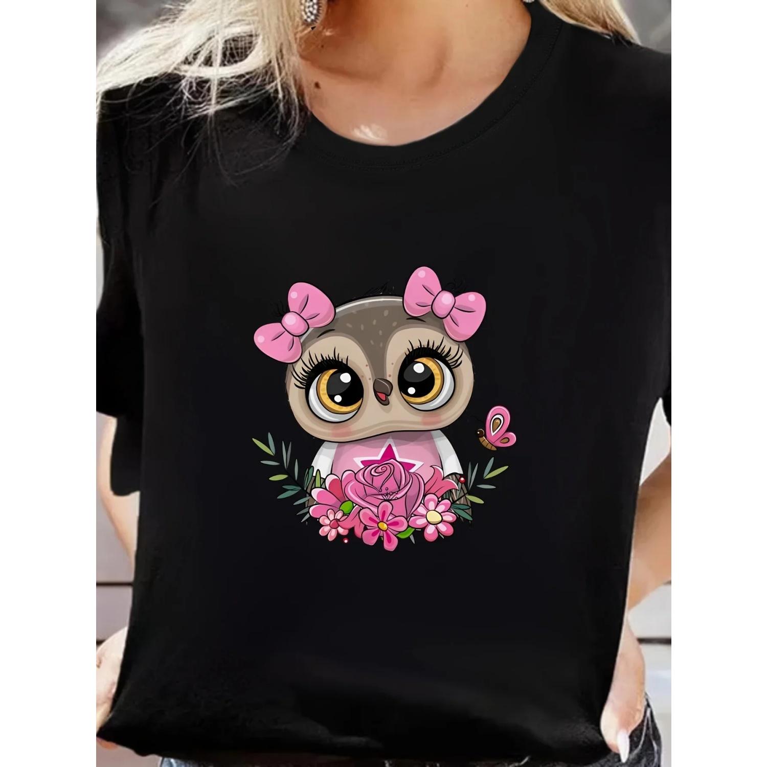 Cute Owl Print Short Sleeve T-shirt for Women - Comfortable Loose Fit Casual Tee S чёрный