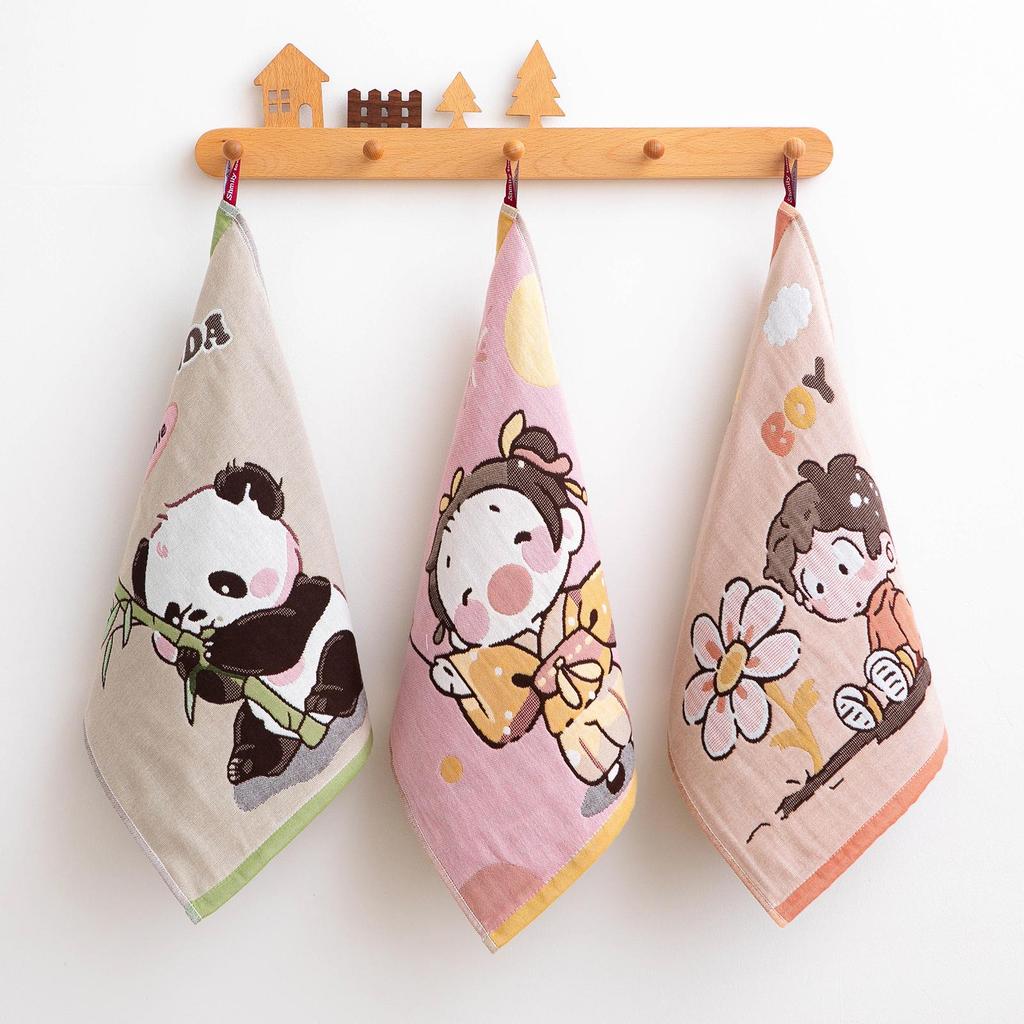 Enlarged Soft 3-Piece Cartoon Cotton Gauze Towel Set, 4-Layer, with Hanging Rope, for Baby and Child Face Washing