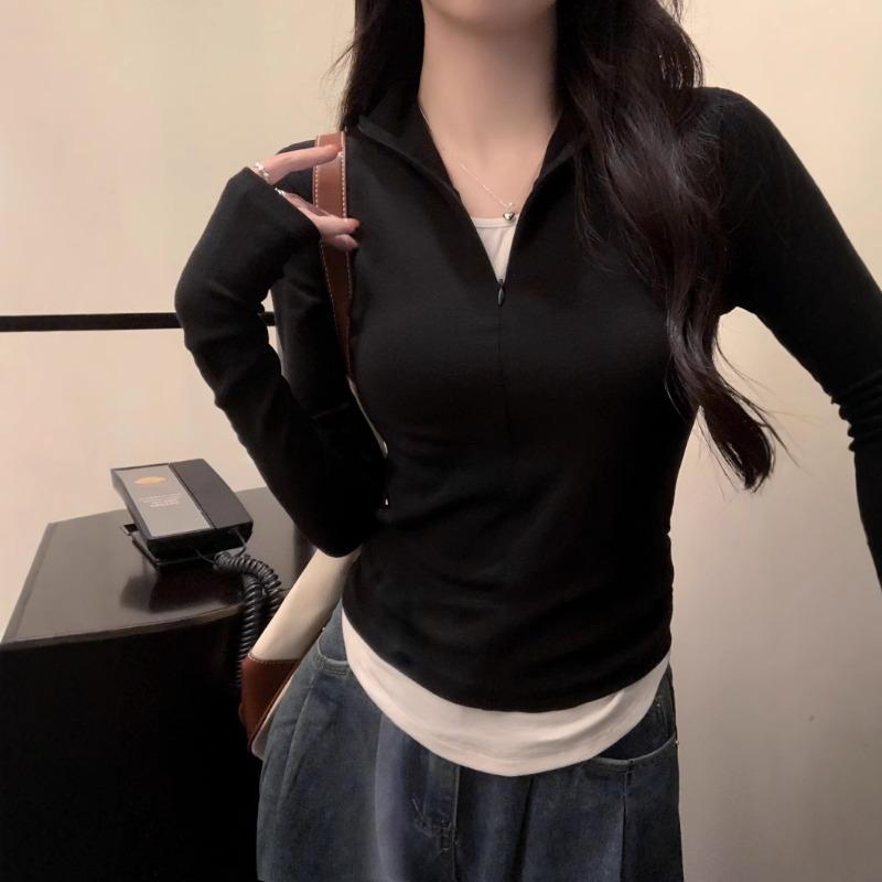 Fake Two-piece Long-sleeved T-shirt Bottoming Shirt for Women New Spring and Autumn Slimming Right Shoulder Half-zip Top