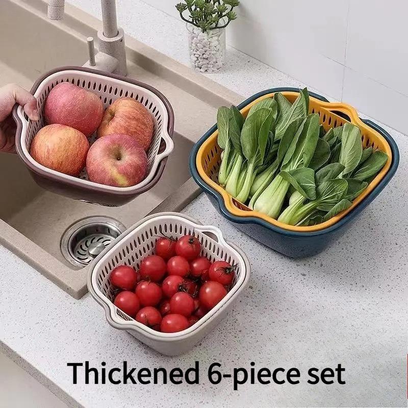 6PCS Thickened Double-layer Drain Basket Plastic Vegetable Basket Vegetable Basin Kitchen Storage Fruit Basket