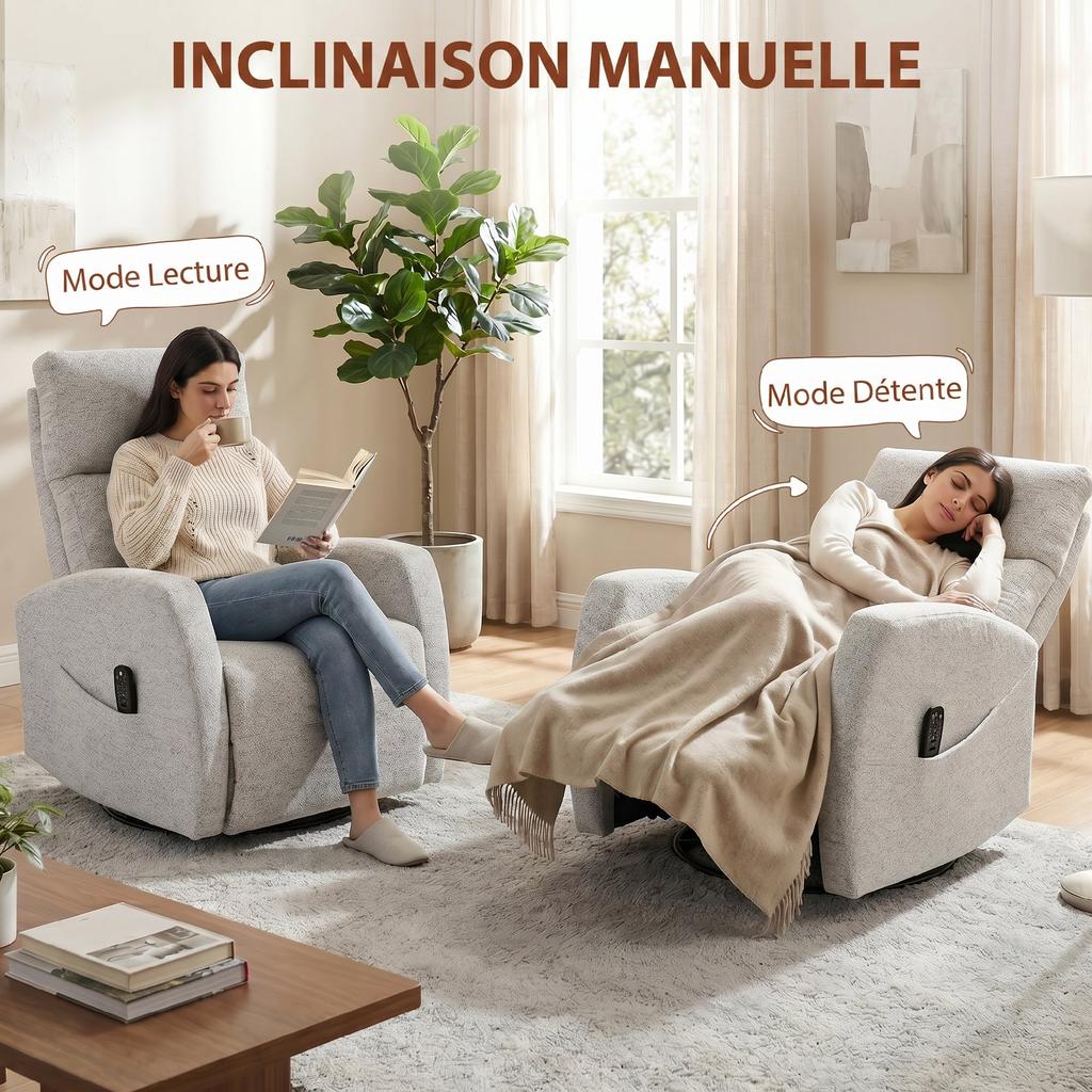 Reclining Massage and Heating Chair, Chenille, 360 Swivel, Cream