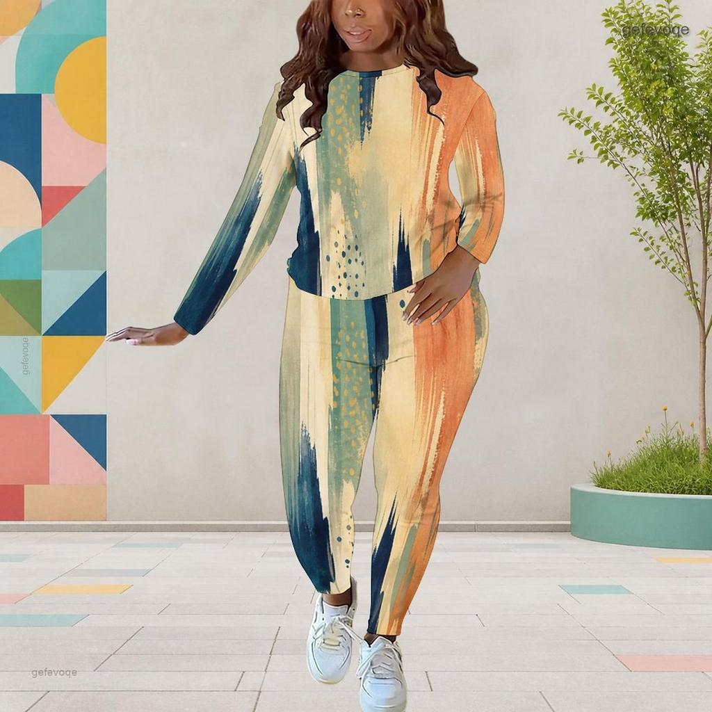 Women Plus Size Dark Blue Printed Round Neck Long Sleeve Top And Fitted Pants Two Piece Set
