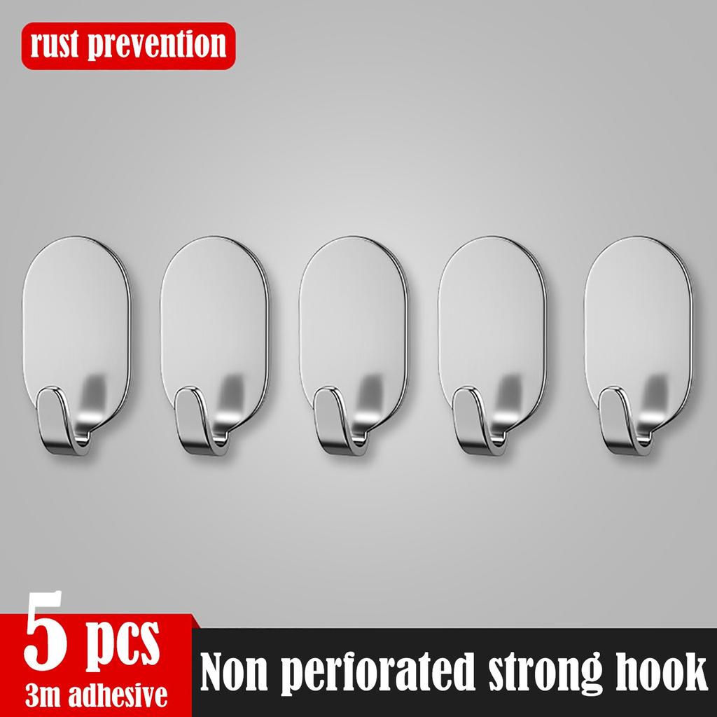 5PCS Stainless Steel Hooks Adhesive No Drill Wall Mounted Hangers Home Organizers