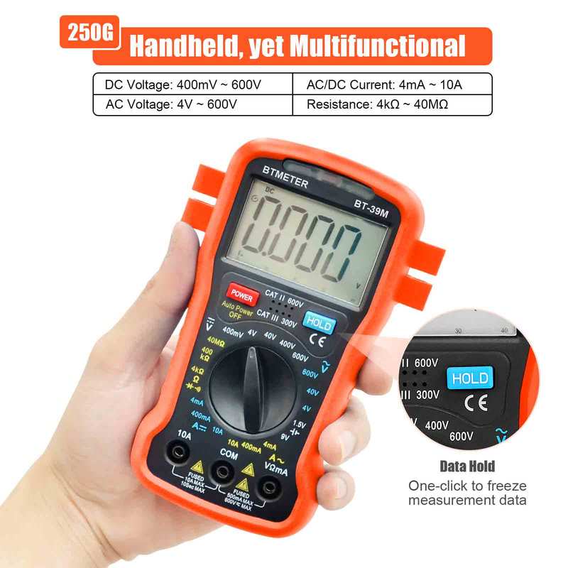 BTMETER Digital Multimeter Electrical Tester, 4000 Counts TRMS Volt Meter AC DC Current Ohm Meter with Continuity Buzzer,BT-39M