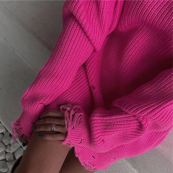 Women Sweater Three-Dimensional Tailoring Loose Fit Soft Knitted Sweater O-Neck Long Sleeve Ripped Holes Mid-length Tops