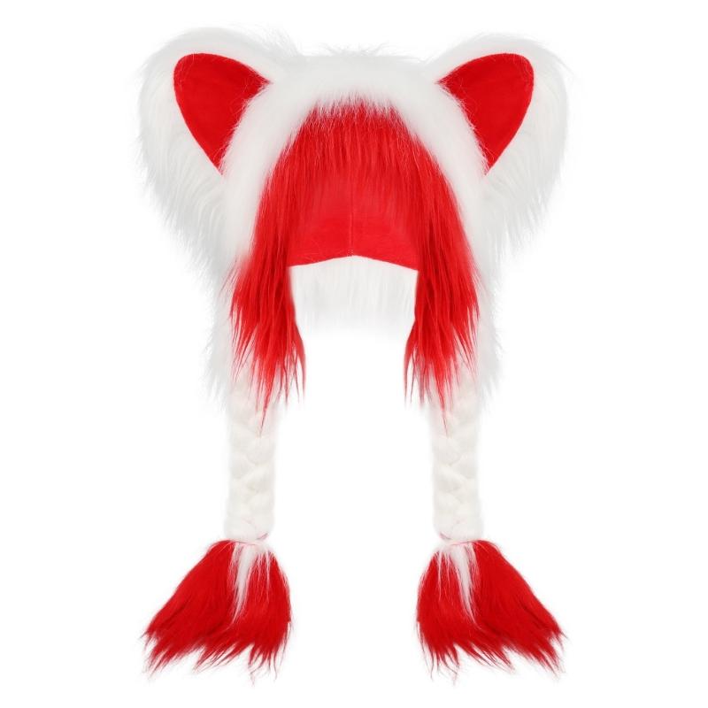 Soft Furry Animal Ear Hat with Braids for for Women and Girls Cartoon Earflap Hat Cosplay Winter Party and Themed Event