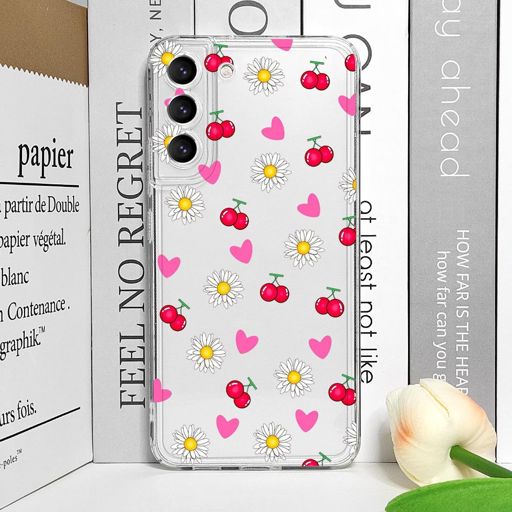 Korean Cute Cherry Bow Silicon Phone Case for Samsung Galaxy S22 S23 S24 S25 Plus Ultra S21 FE Clear Soft Shockproof Back Covers