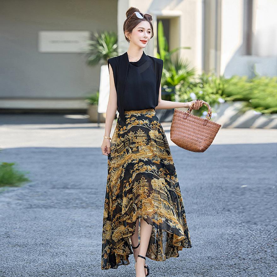 Printed dress two-piece set summer new design temperament elegant waist thin dress set