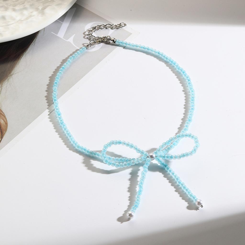 Bowknot Pendant Clavicle Chain Acrylic Beaded Butterfly Statement Women Necklace Adjustable Collarbone Chain Jewelry