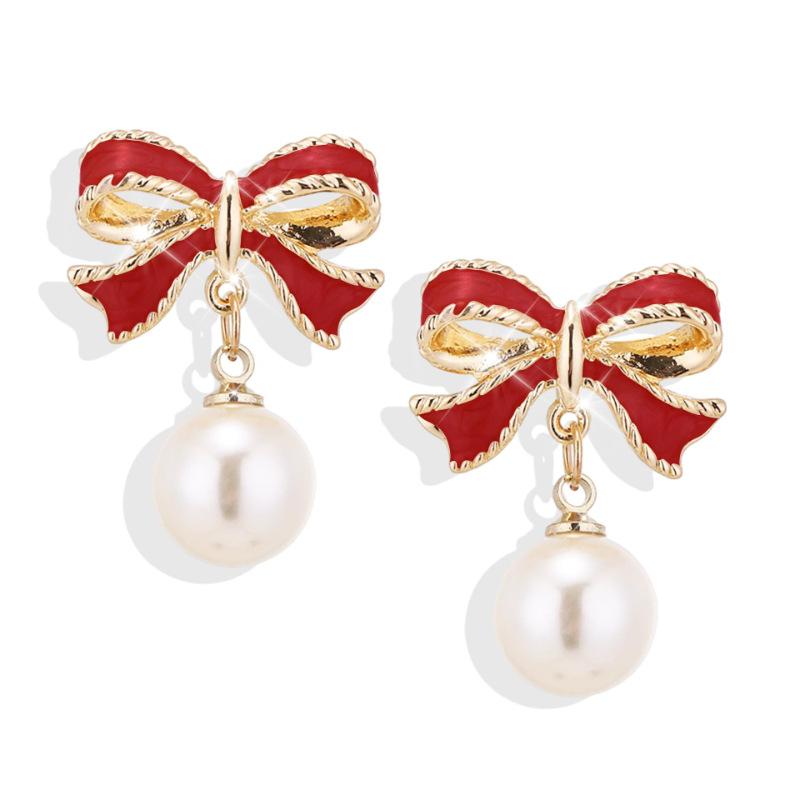Trendy Black Red Bow Knot Drop Earrings for Women Enamel Oil Metal Imitation Pearl Dangle Earrings Wedding Party Sweet Jewelry