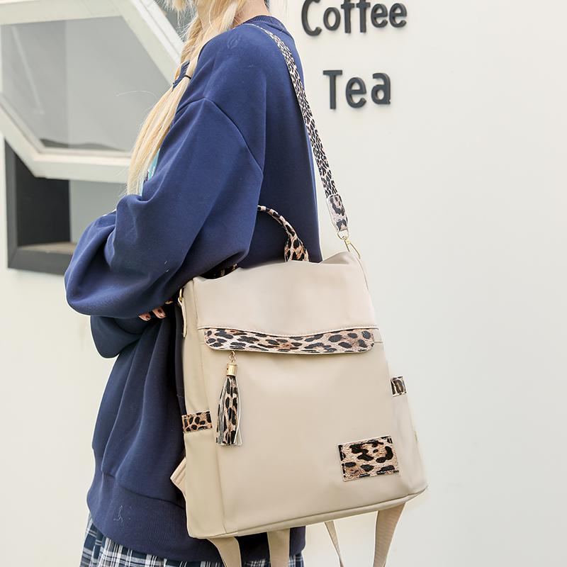 Nylon Leopard Print Women's Anti-theft Backpack Tassel Large Capacity Color Contrast Travel Backpack