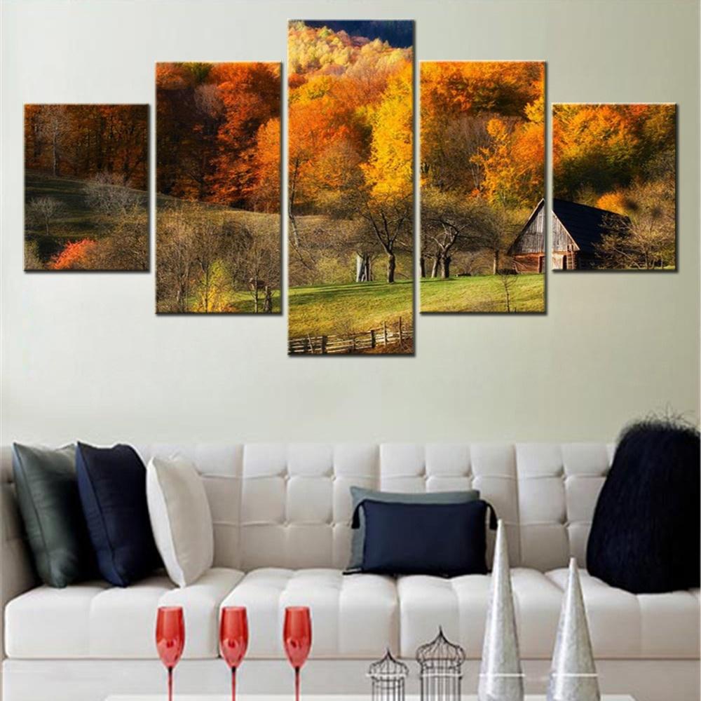 

5 Piece Canvas Wall Arts Poster Painting Fall Barns Nature Forest Grass Hill Landscape Modular Home Decor Picture Print Bedroom 20x35 20x45 20x55cm