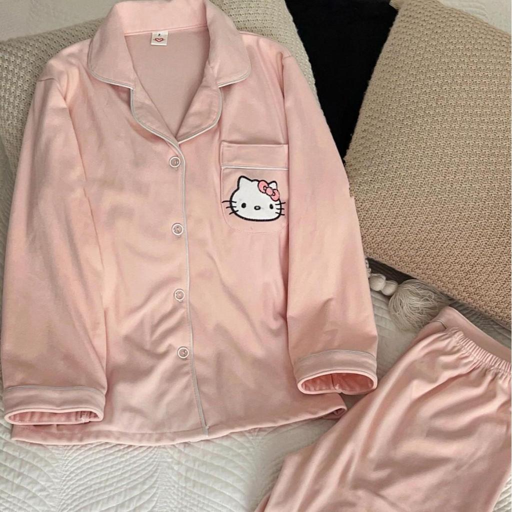 Dámské sametové pyžamo Hello Kitty - Korálový fleece, Hřejivé, S dlouhým rukávem, pro Podzim/Zimu na Doma.