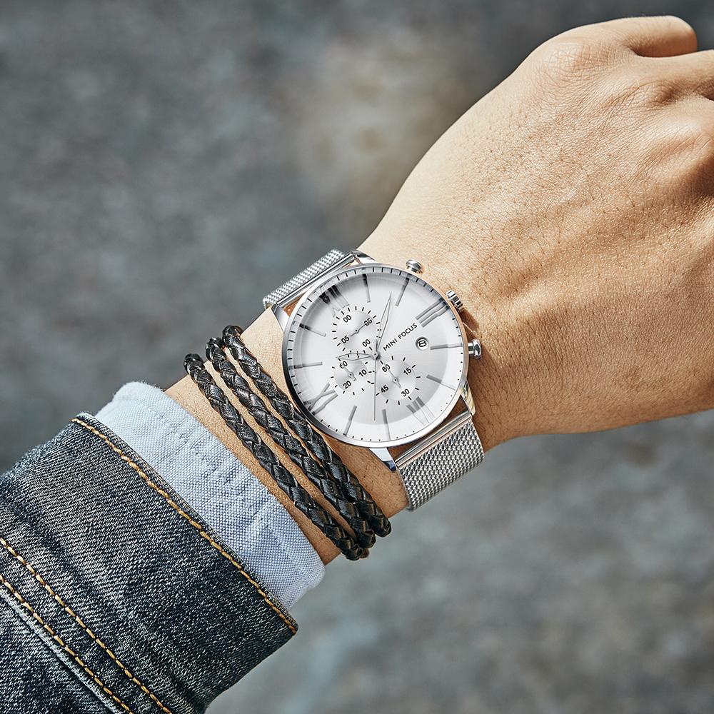 Topplyx Med Låda MINI FOCUS Märke Mode Herrklocka Multifunktionell Kalender Vattentät Stålmesh Kvarts Klockor