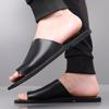 Herren Schwarz Leder Hausschuhe Handgemacht Einfache Flache Schuhe Sommer Orange Römische Sandalen Offene Zehen Strand Schuhe Übergröße