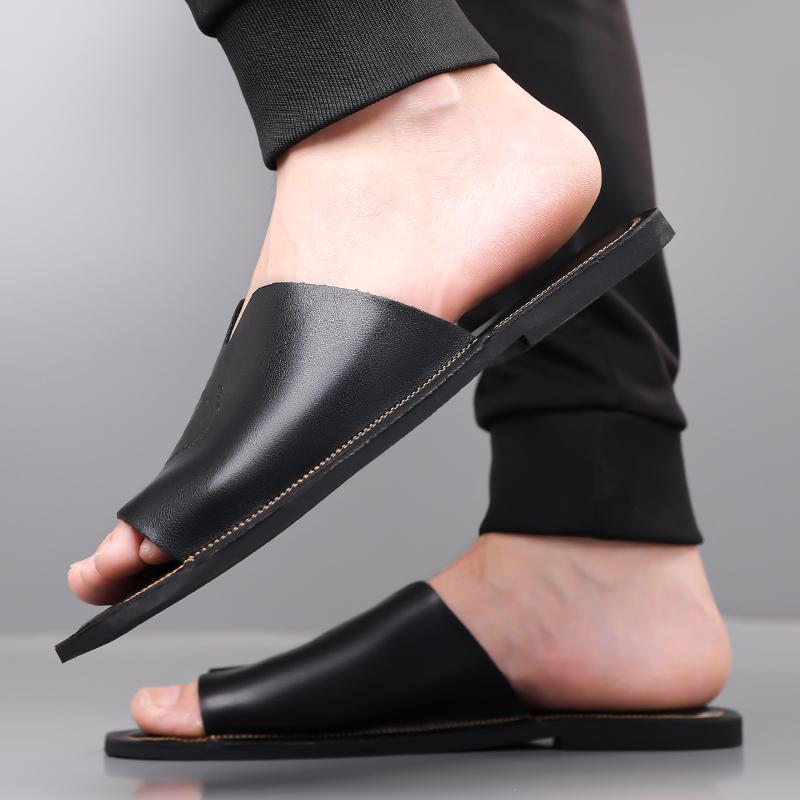 Herren Schwarz Leder Hausschuhe Handgemacht Einfache Flache Schuhe Sommer Orange Römische Sandalen Offene Zehen Strand Schuhe Übergröße