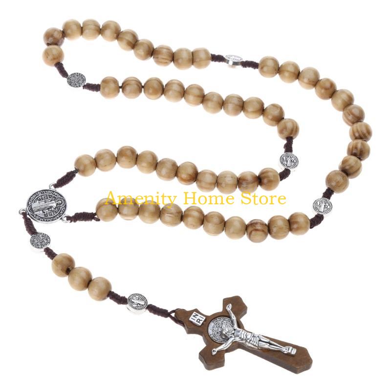 F26C Wood Bead Cross Rosary Necklace Hangable Pendant Crafts Long Bead Chain for Christmas Party Church Decorations