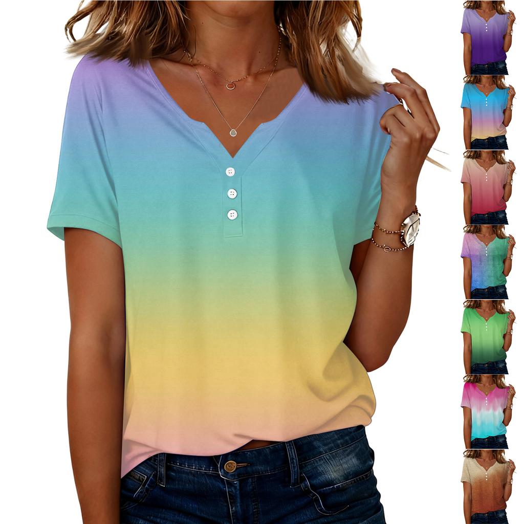 Women's Fashionable Casual Short-sleeved Gradient Printed V-neck Top