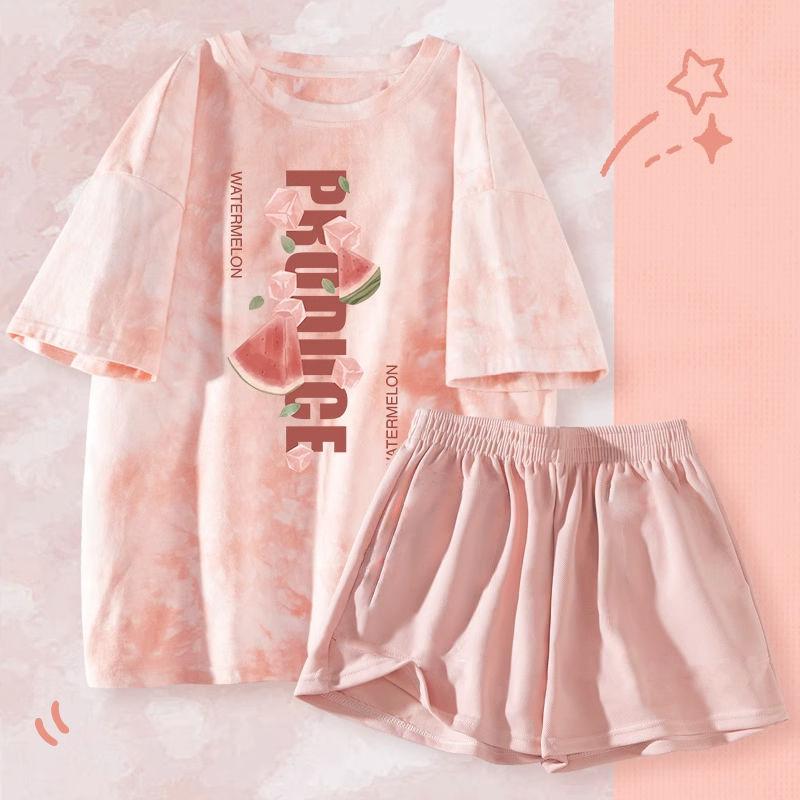 Women's Tie Dye Cartoon Two-Piece Sleepwear Set - Short Sleeved, Comfortable Summer Loungewear