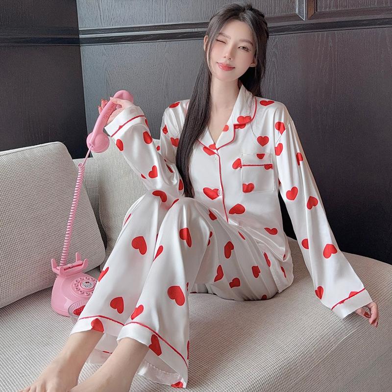 High-Value Summer Love Printing Ice Silk Cool Pajamas Women'S Casual Long-Sleeved Suit Loungewear Can Be Worn Outside