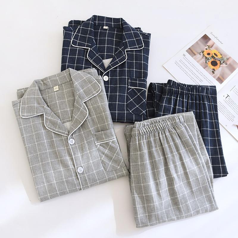 Cotton Pajama Set for Men Soft Button Down Sleepwear Lapel Comfy Long Sleeve Pajamas Men's Lounge Plaid Pjs Set with Pockets Two-piece Loungewear