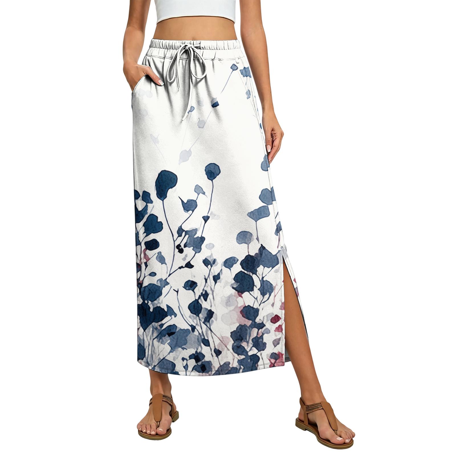 Ladies  floral elastic waist drawstring pocket skirt L синий