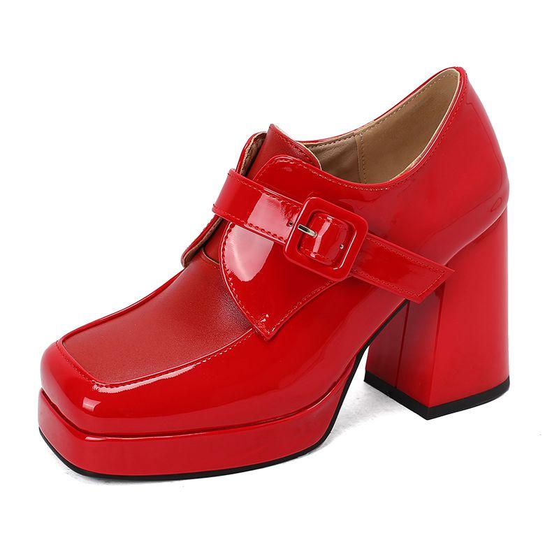 Damen Pumps Eckige Zehenpartie Blockabsätze 9,5cm Plateau 2cm Gürtelschnalle Übergröße 47 48 Mode Dating Party Damenschuhe