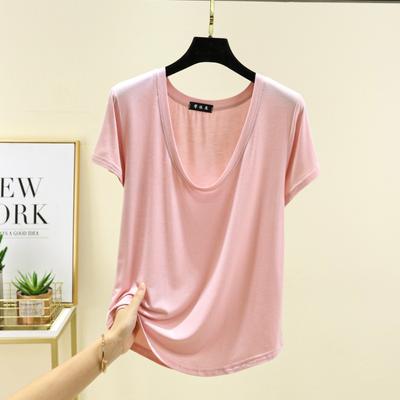 Sommer-T-Shirt aus Modal mit U-Ausschnitt und kurzen Ärmeln in Volltonfarbe für Damen in Übergröße, Basisschicht, dünner Schnitt, lockeres Oberteil für Oberbekleidung, T-Shirts für Damen