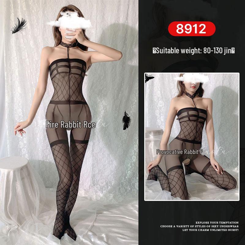 Seductive Rabbit Silk Bondage Lingerie Set: Open Crotch, Tearable Bodysuit with Garter and Stockings
