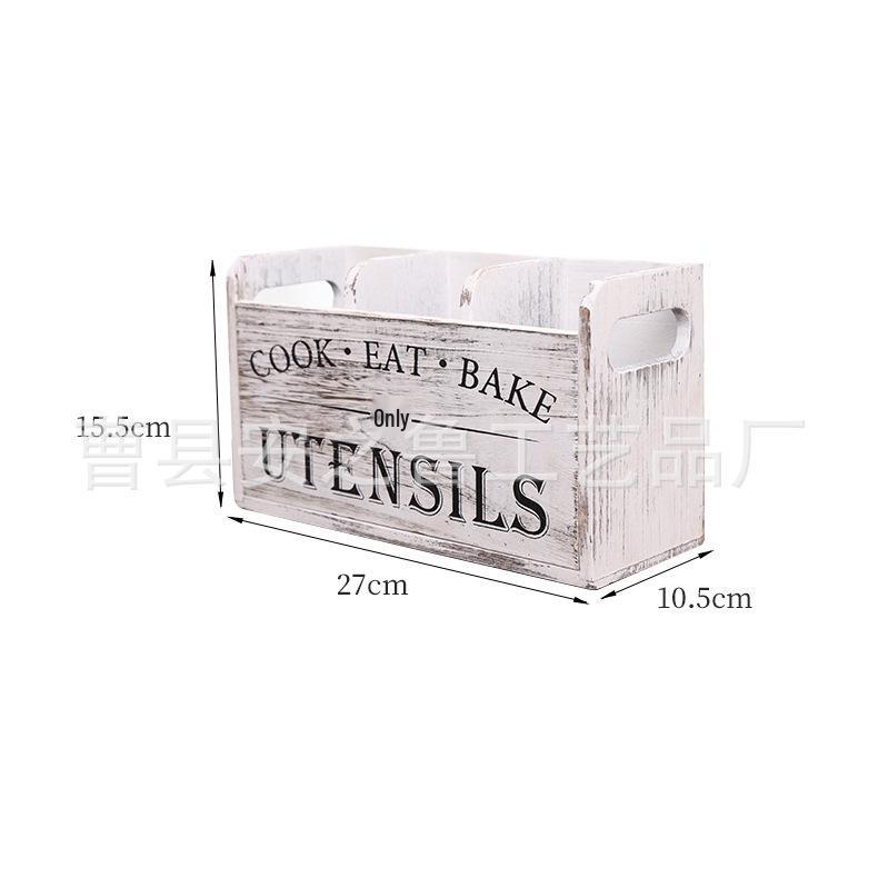 Solid Wood Retro Kitchen Sundries Storage Box with Compartments for Cutlery