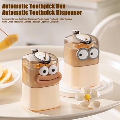 Automatic Cartoon Toothpick Dispenser Plastic Press Toothpick Holder Portable Home Office Restaurant Desktop Toothpick Organizer Container