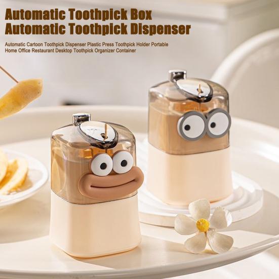Automatic Cartoon Toothpick Dispenser Plastic Press Toothpick Holder Portable Home Office Restaurant Desktop Toothpick Organizer Container