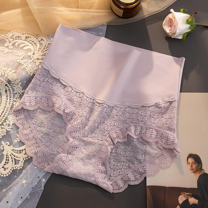 High-waisted panties women's belly cotton crotch ice silk lace underwear girl sexy seamless briefs