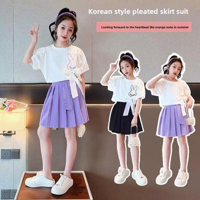 Girls' Summer Short-Sleeved Bow Puff Top & Pleated Skirt Set for Older Kids