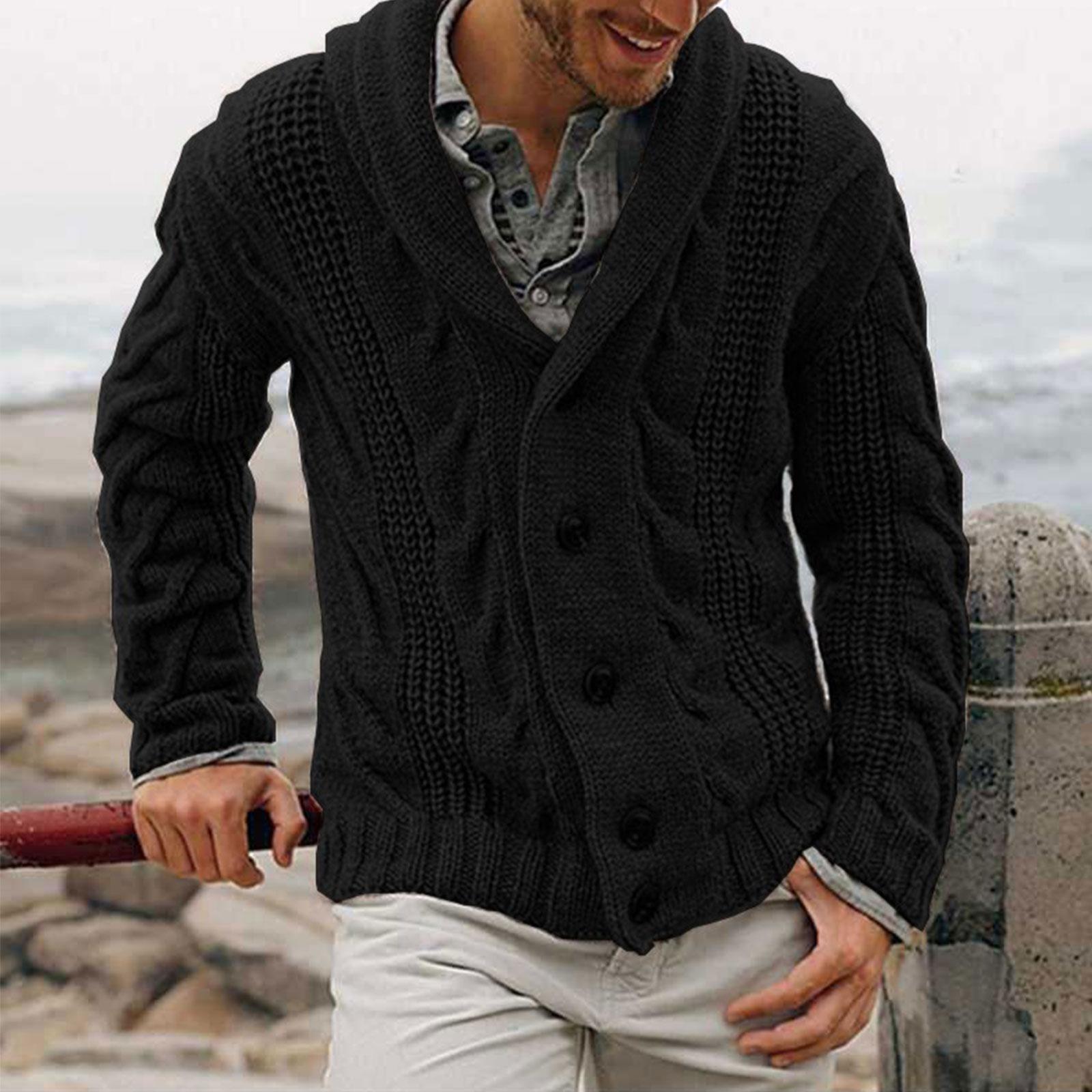 

Men s Solid Color Cardigan Button Knitted Casual Fashion Lapel Sweater XL чёрный
