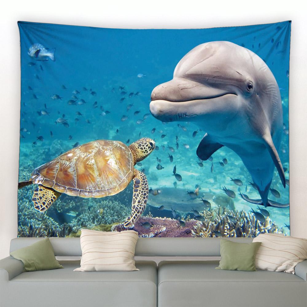 New Sea Animals Dolphin Decorative Tapestry Tropical Fish Turtle Coral Cave Underwater World Home Decor Aesthetics