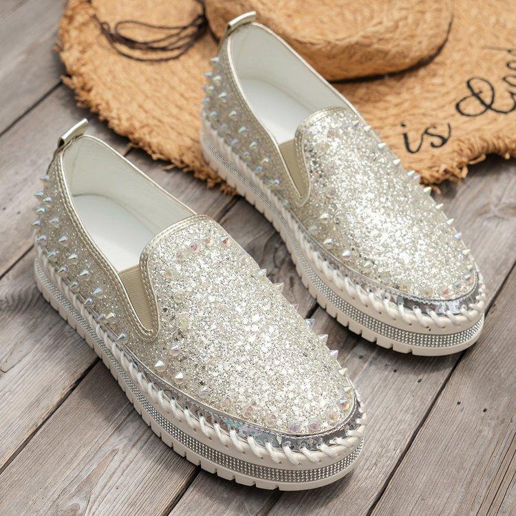 Large size casual single shoes women's 2024 autumn new fashion women's shoes one pedal flat-bottomed riveted rhinestones