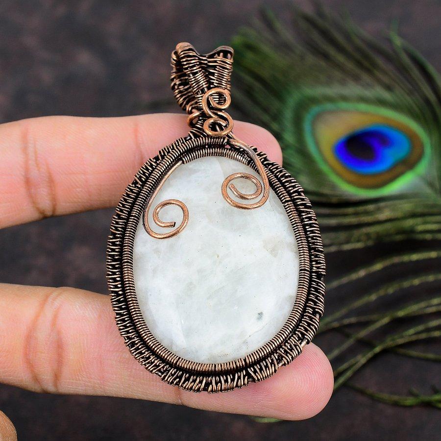 Natürlicher Regenbogen-Mondstein Edelstein Kupferdraht Wickel Geschenk Anhänger 2.96 A1e49