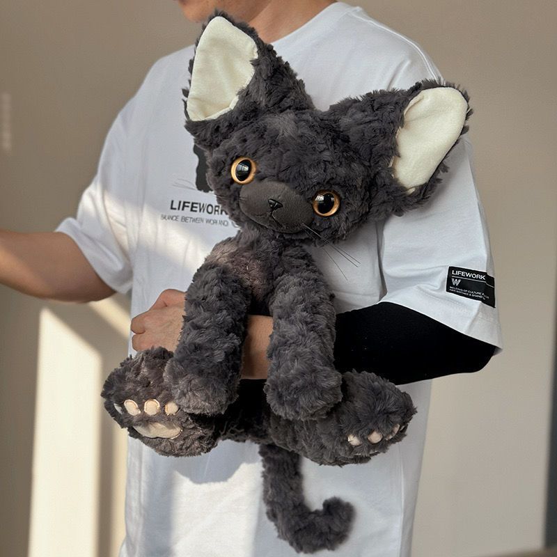 35 CM Cute Black Cat Plush Toy Throw Pillow Khaki Curly KUKI Black Cat Long Hair Doll Big Eyes Festive Gift GivingChild Birthday Gift