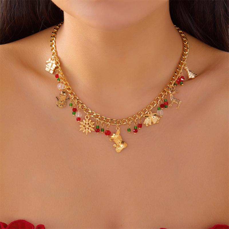 Fashion Christmas Metal Chain Necklace For Women Crystal Zircon Elk Santa Claus Snowman Bell Xmas Tree Pendant Choker Jewelry