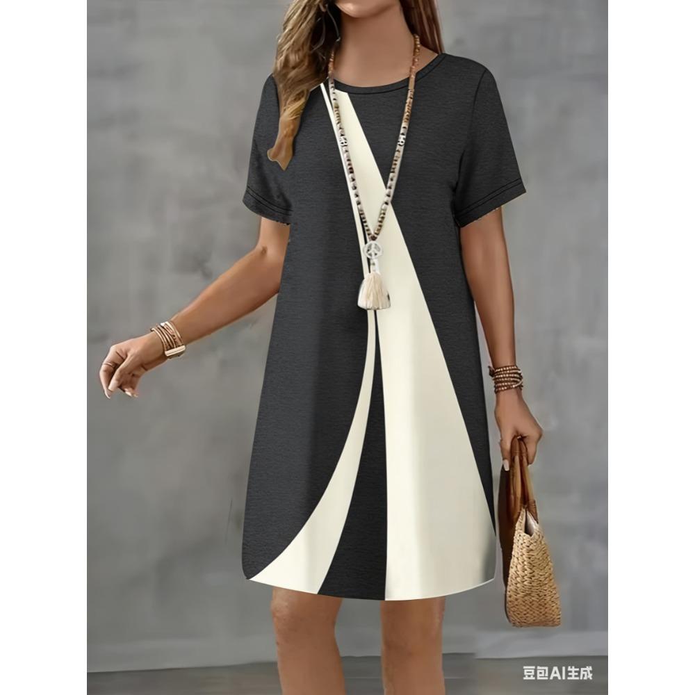 Short-sleeved round-neck striped pattern 3D printed women's fashionable mini dress
